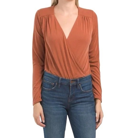 GREEN ENVELOPE Soft Touch Burnt Orange Wrap Bodysuit NWT Size Large - Picture 1 of 7